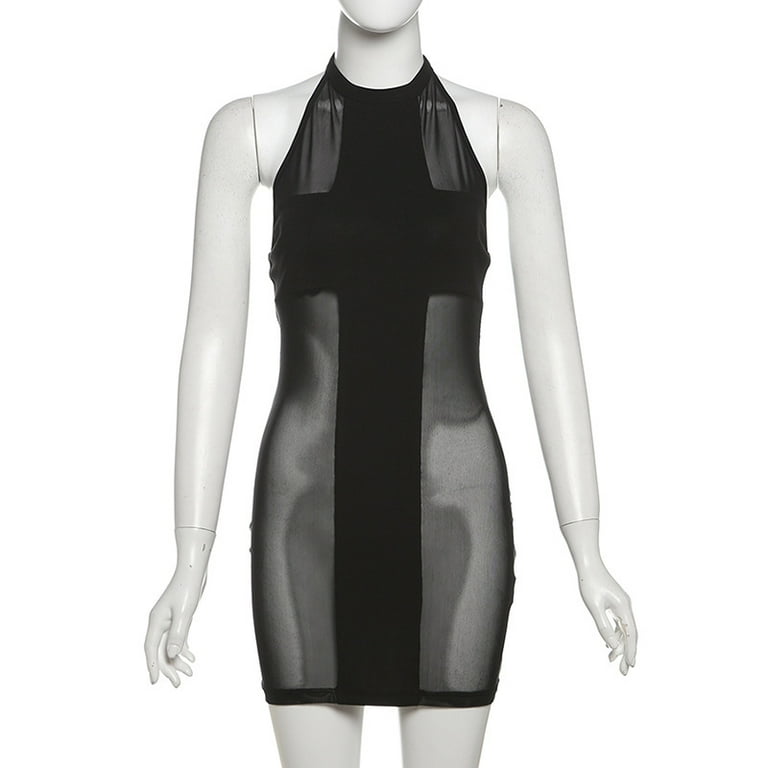 Mesh Patchwork See Through Sleeveless Mini Dress Hot Rave Backless Bodycon  Party Gown Gothic Mall Sheer Halter Dresses - Walmart.com