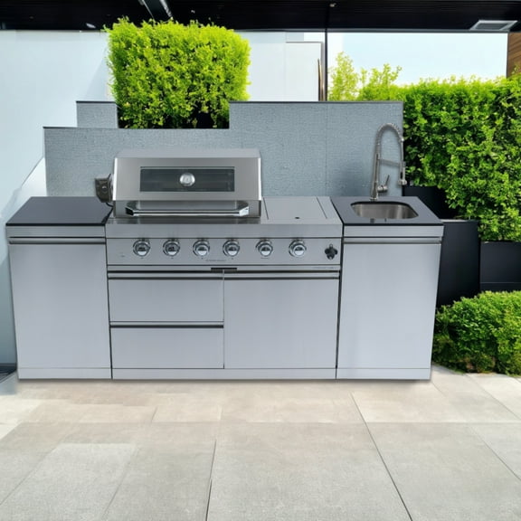 46-Inch 4-Burner 72000 BTU Deluxe Stainless Steel Gas Outdoor Kitchen Bar Barbecue Island Grill  Side B Rotisserie   Granite Countertops   Storage Cabinets & Drawers   Stainless Steel Sink/Faucet