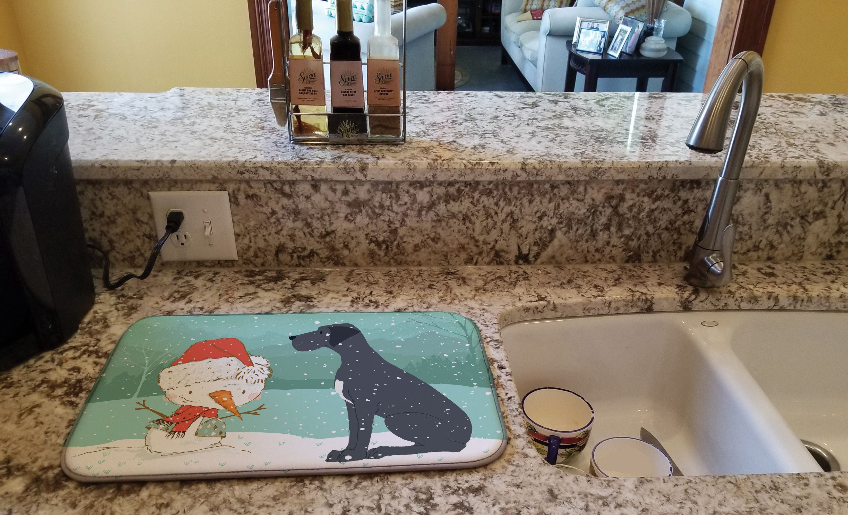 Black Great Dane and Snowman Christmas Dish Drying Mat