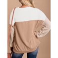 thumbnail image 3 of Womens Fashion Color Block Long Sleeve Crewneck Knitted Casual Loose Pullover Shirts Tops White & Khaki L, 3 of 4