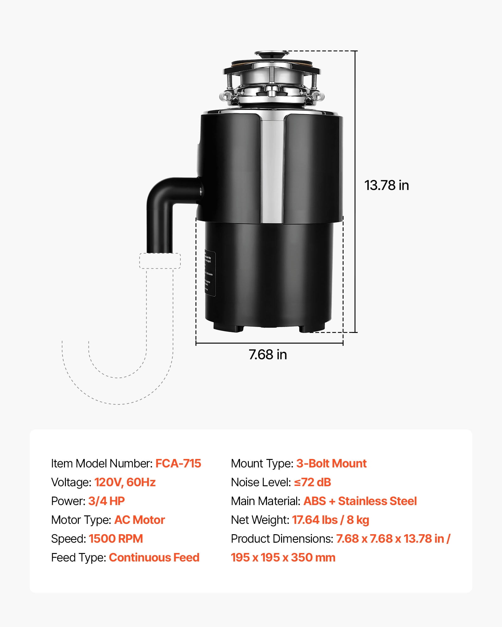 VEVOR Food Waste Garbage Disposal, 3/4HP 1500RPM AC Motor, Continuous Feed Kitchen Sink Garbage Disposer, 3-Bolt Mount Food Waste Grinding System with Splash Guard & Power Cord for Kitchens