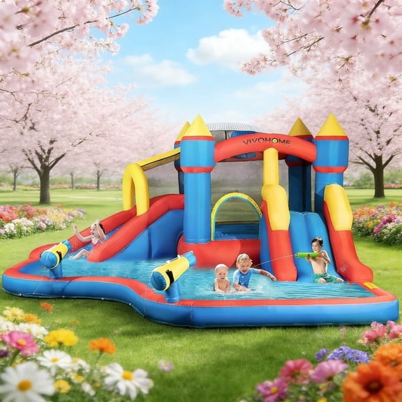 SPECSTAR Inflatable Bounce House Water Bouncer Jumping Castle with 450W Air Blower, Double Water Slide, Sprinkler, Splash Pool, Basketball Hoop, Water Gun, Climbing Wall for Kids Outdoor Backyard