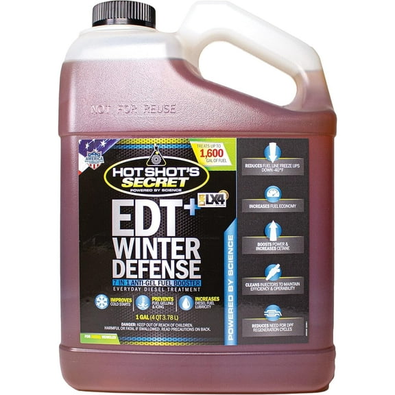 Hot Shot's Secret EDT  Winter Defense - 1 Gallon 7-in-1 Anti-Gel Fuel Booster – Winter Diesel Fuel Treatment - Boosts Cetane for Better Performance – Adds Lubricity - Protects Fuel System