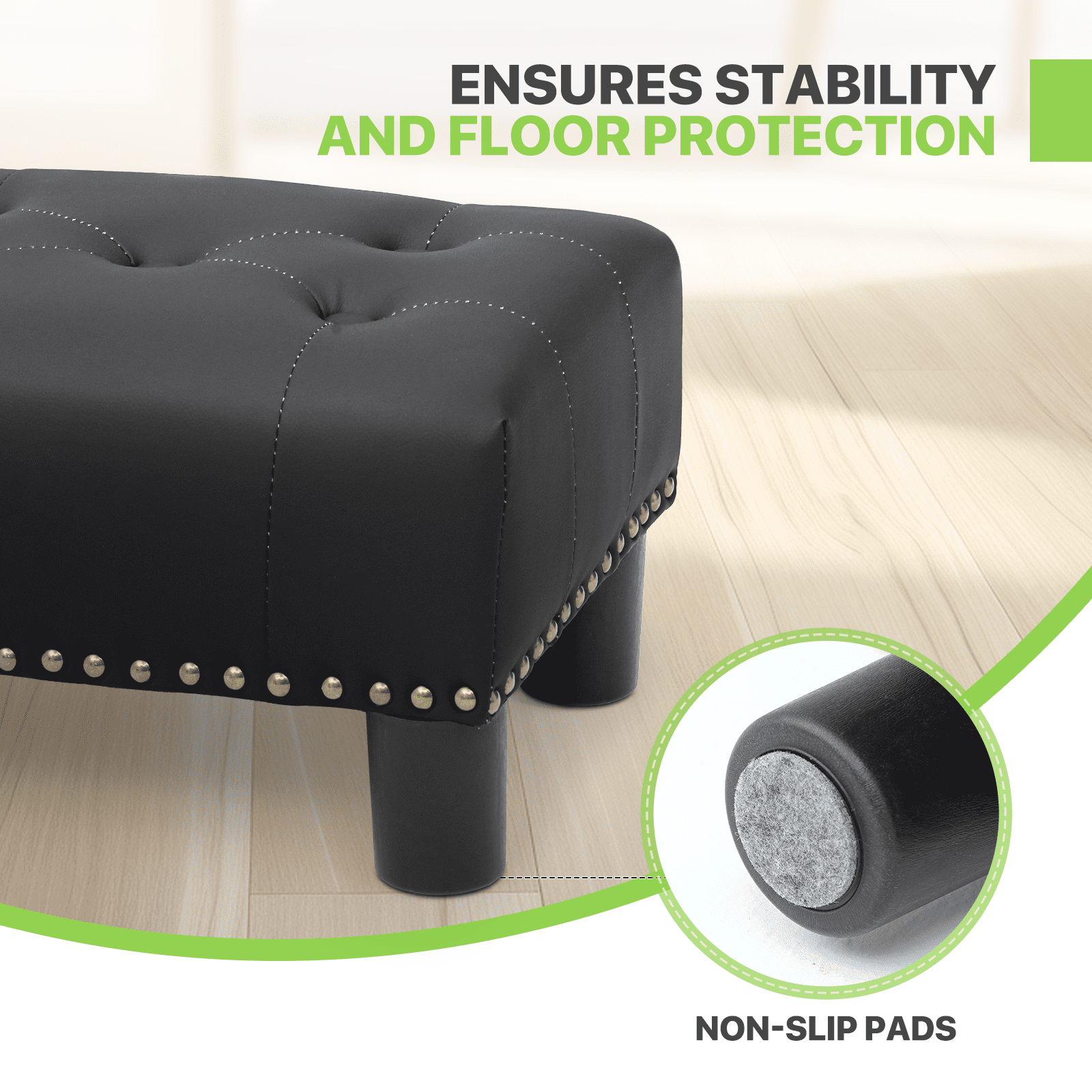 Magshion Foot Stool Ottoman with Padded Seat, Modern PU Leather Footrest, Rectangular Seat Stool, Black