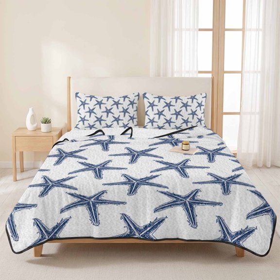 Queen Quilt Set, Seamless Marine Blue Starfish Lightweight Quilt Sets Summer Comforter Coverlets with 2 Pillow Shams, Summer Ocean Life on White Breathable 3 Piece Bedding Set for All Seasons