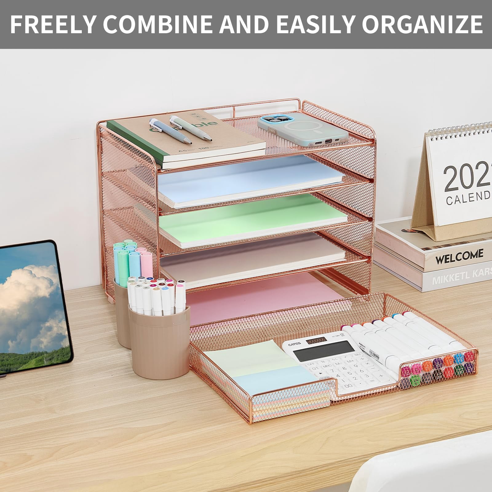 Desk Organizer And Accessories  5-tier Paper Letter Tray With Drawer & 2 Pen Holders For Desktop File Organization Office Supplies Storage (rose Gold)