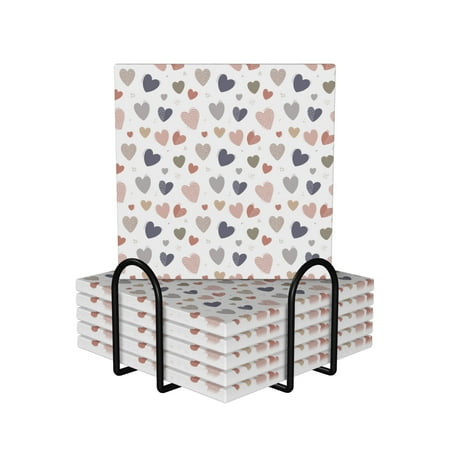 

XMXY Drink Coasters with Holder for Coffee Table Cute Doodle Hearts Absorbent Ceramic Cups Coaster Sets 6 Pack 4 Inches Square