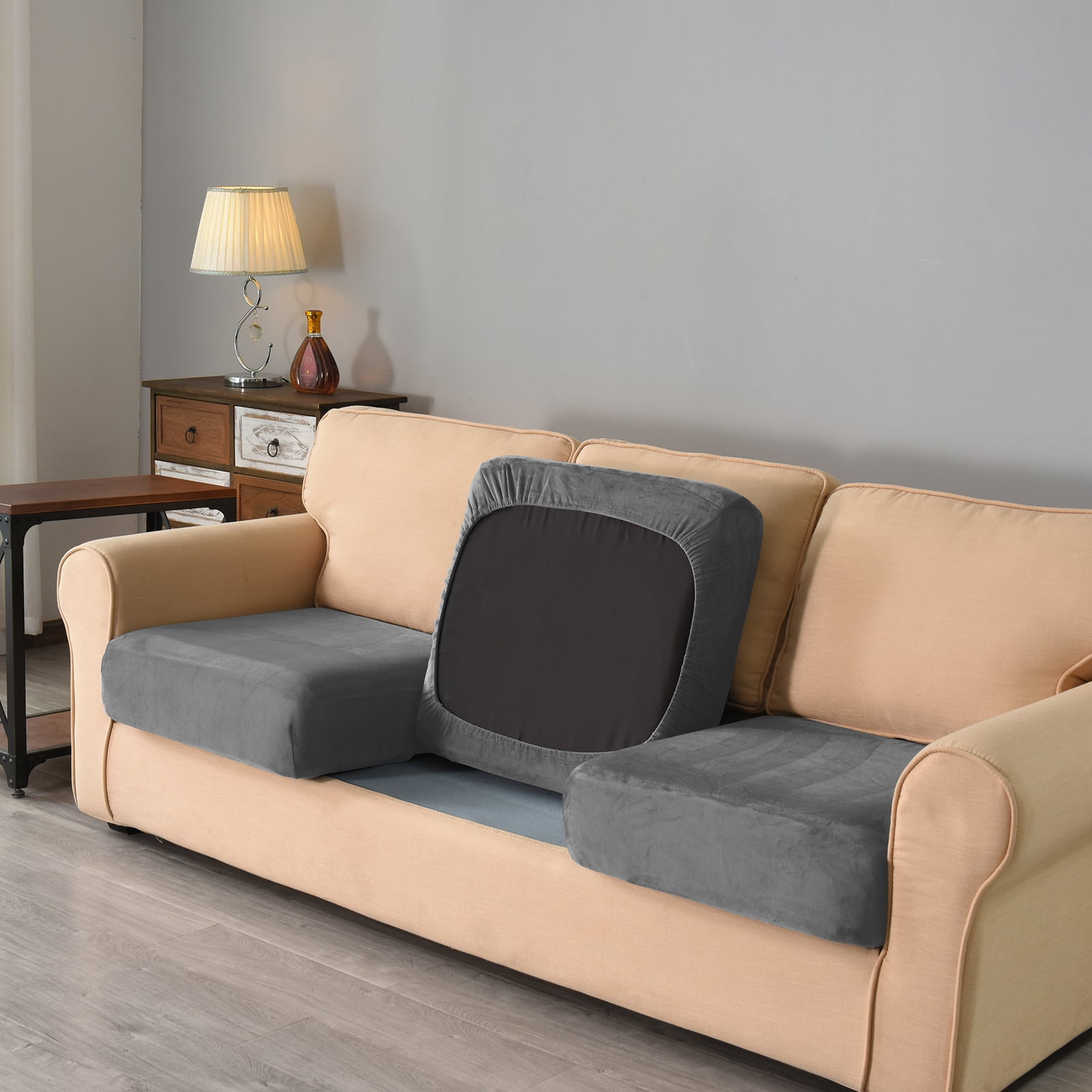 Eurhowing Velvet Sofa Slipcover, Pet-Friendly Stretch Couch Cover with Non-Slip Bottom & Cushion Covers, Washable Furniture Protector for Armchair, Dark Gray