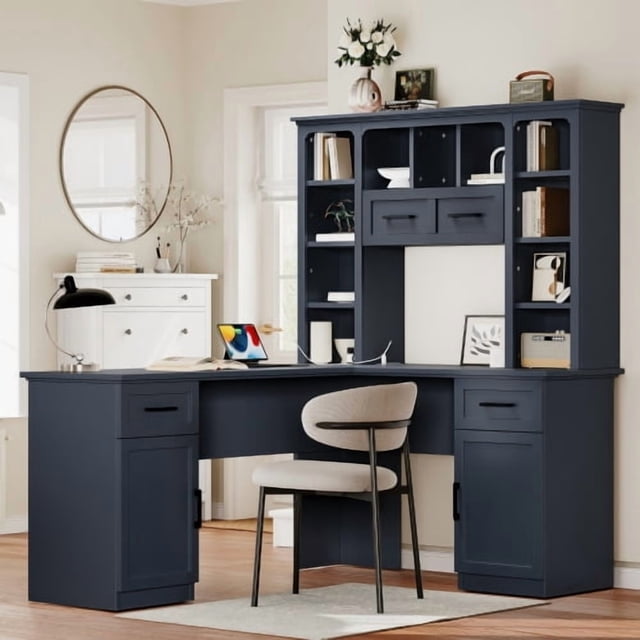 L-Shaped Computer Desk with 2 Cabinets and 2 Drawers, 11 Open Shelves and 1 Right Flip Shelf with Storage, with Power Outlet, for Study, Living Room and Office