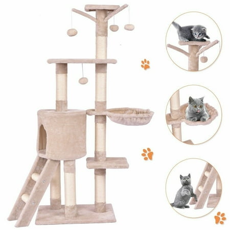 Provide Your Feline Friend with Endless Fun with our 56" Beige Cat Tree - Kitten Pet Play House Furniture with Condo, Scratching Posts, and Ladder