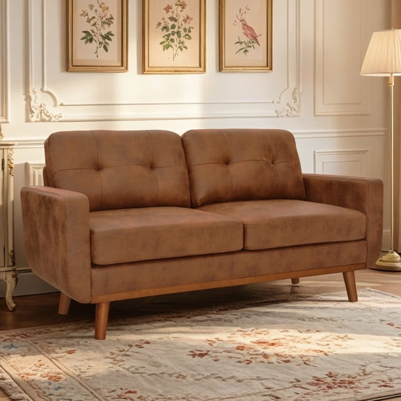 Arouseden 65" Mid Century Modern Loveseat Sofa with 2 Back Cushion,2 Seater Couch,Small Brown Office Couch,Upholstered Love Seat Couches for Living Room,Foild Fabric