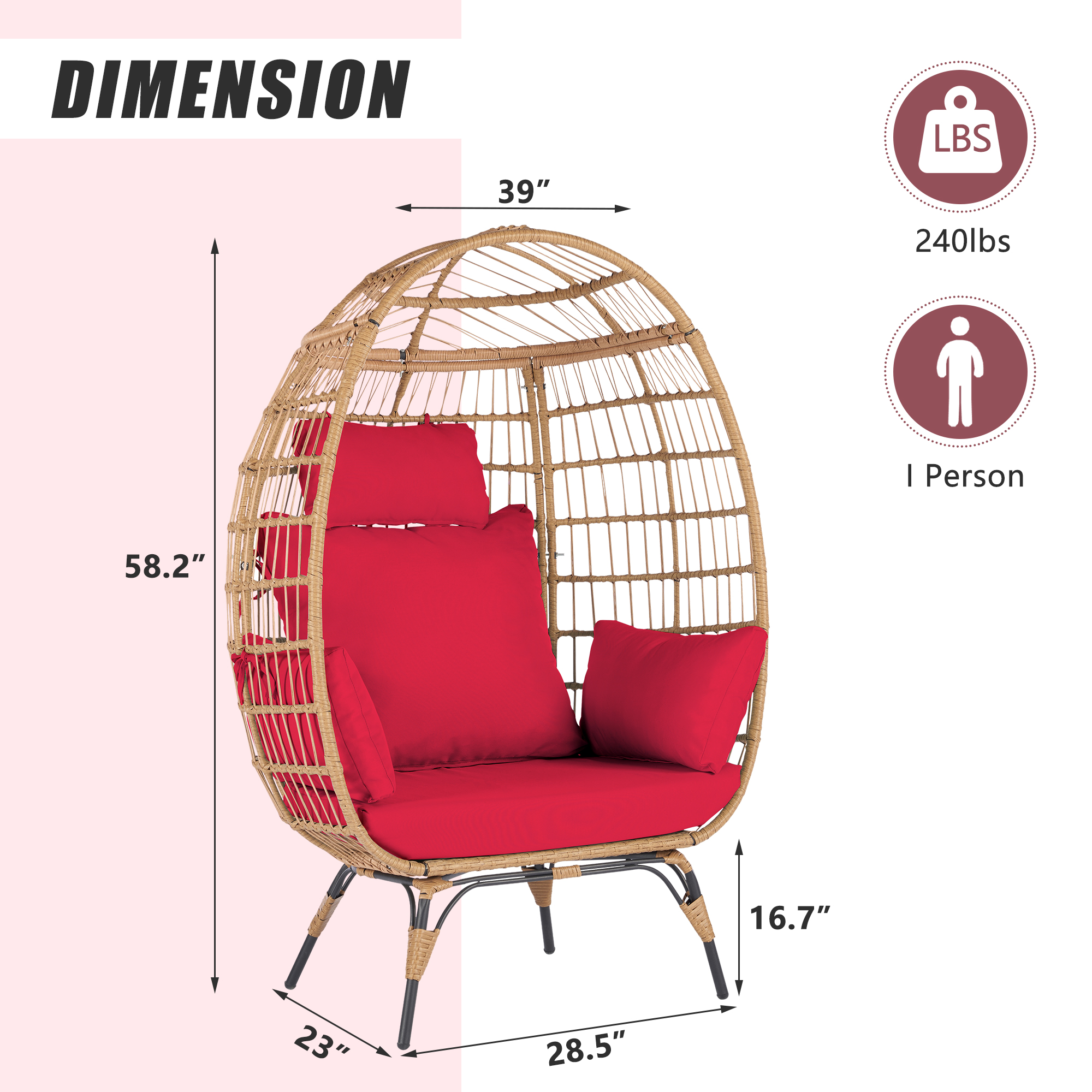 Wicker Egg Chair, Oversized Indoor Outdoor Boho Lounger Chair Stationary Egg Basket Chair, All-Weather 440lb Capacity Patio Chair, Red - image 4 of 9