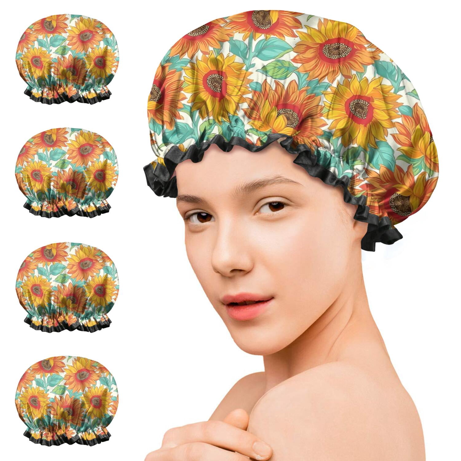 Shower Caps,White Orange Sunflower Pattern Waterproof Shower Cap for Women 4 Pieces,Double Reusable Hair Cover for Shower PEVA Elastic Stretch Hem