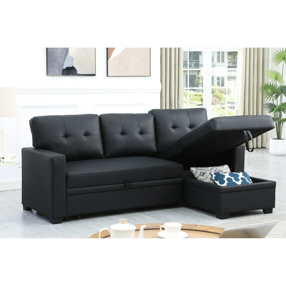 Black Faux Leather Sectional With Storage Chaise And Pull Out Design For 3 Seats 3 Upholstered Storage, Finish