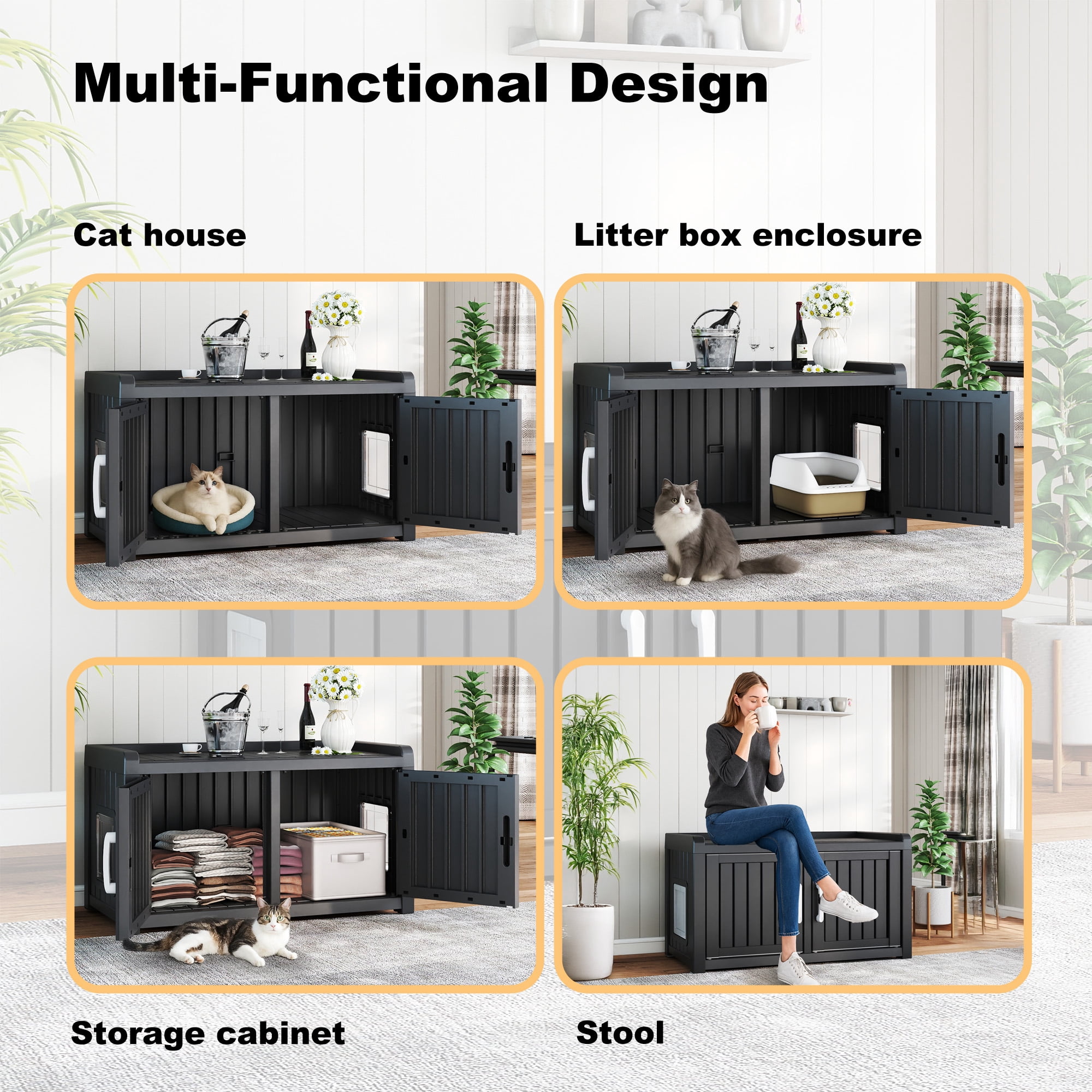 EasyUp Cat Litter Box, Resin Weatherproof Enclosed Litter Box with Dual-Door Design, Hidden Furniture for Indoor Home Use (Black)