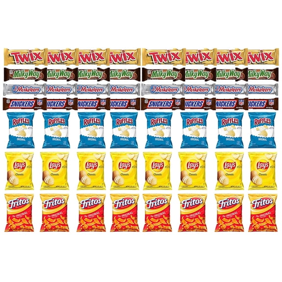 Twix, MilkyWay, 3 Musketeers, Snickers Full Size Chocolate Bars & Ruffles, Lays Classic and Fritos Original Mix Snack Verity – Pack of 56