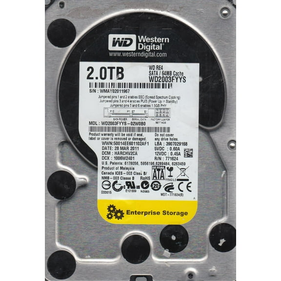 WD2003FYYS-02W0B0, DCM HARCHV2CA, Western Digital 2TB SATA 3.5 Hard Drive