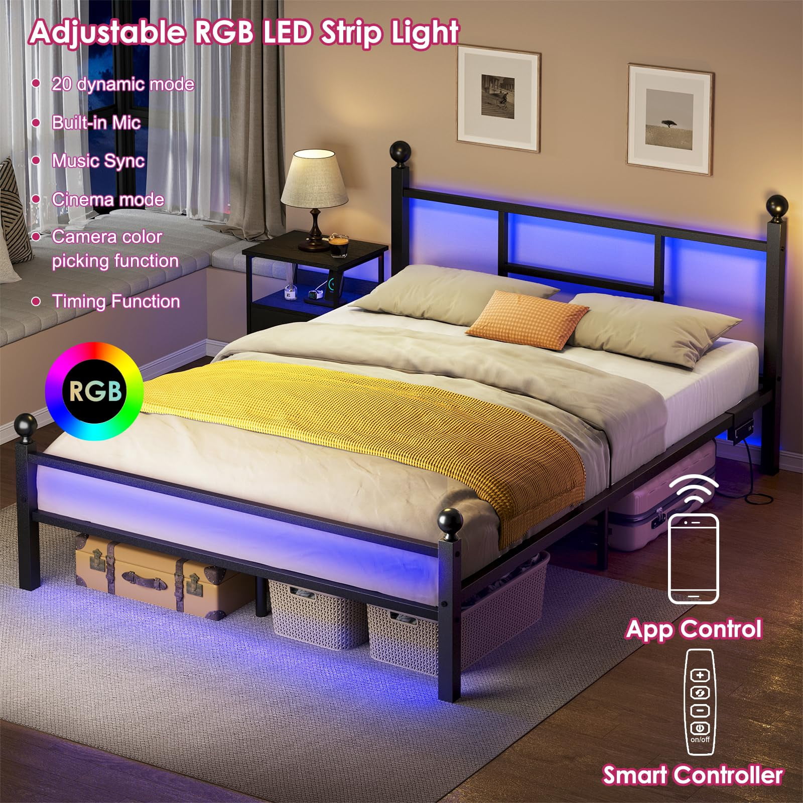 Fairy Full Size Bed Frame with Charging Station, Metal Frame with Power Outlet & Port, Black