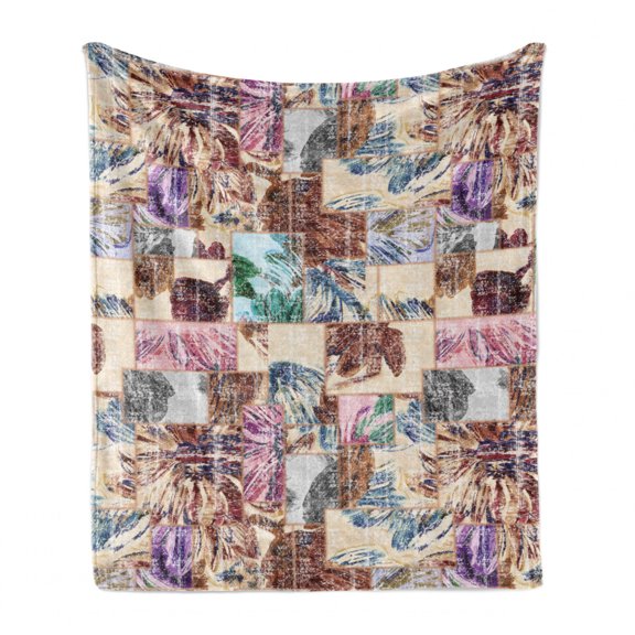 Vintage Soft Flannel Fleece Throw Blanket, Grunge Style Pattern with Art Flowers in Squares, Cozy Plush for Indoor and Outdoor Use, 70" x 90", Champagne and Multicolor, by Ambesonne