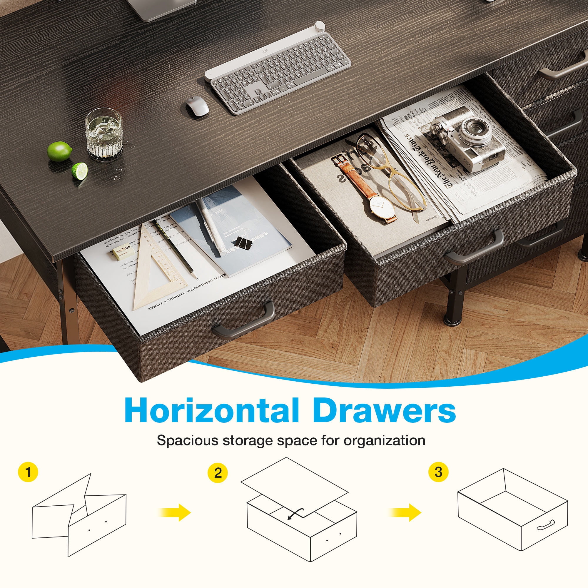 Casacomoda 40" Home Office Desk with 6 Drawers, Modern Computer Desk with Small Space, Corner Computer Desk, Black