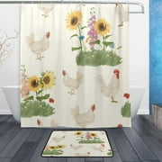 Bestwell Sunflower and Roosters Shower Curtain Set, with Rug and Shower Curtain, Waterproof and Durable, with Hooks, Bathroom Decoration, 60x72in