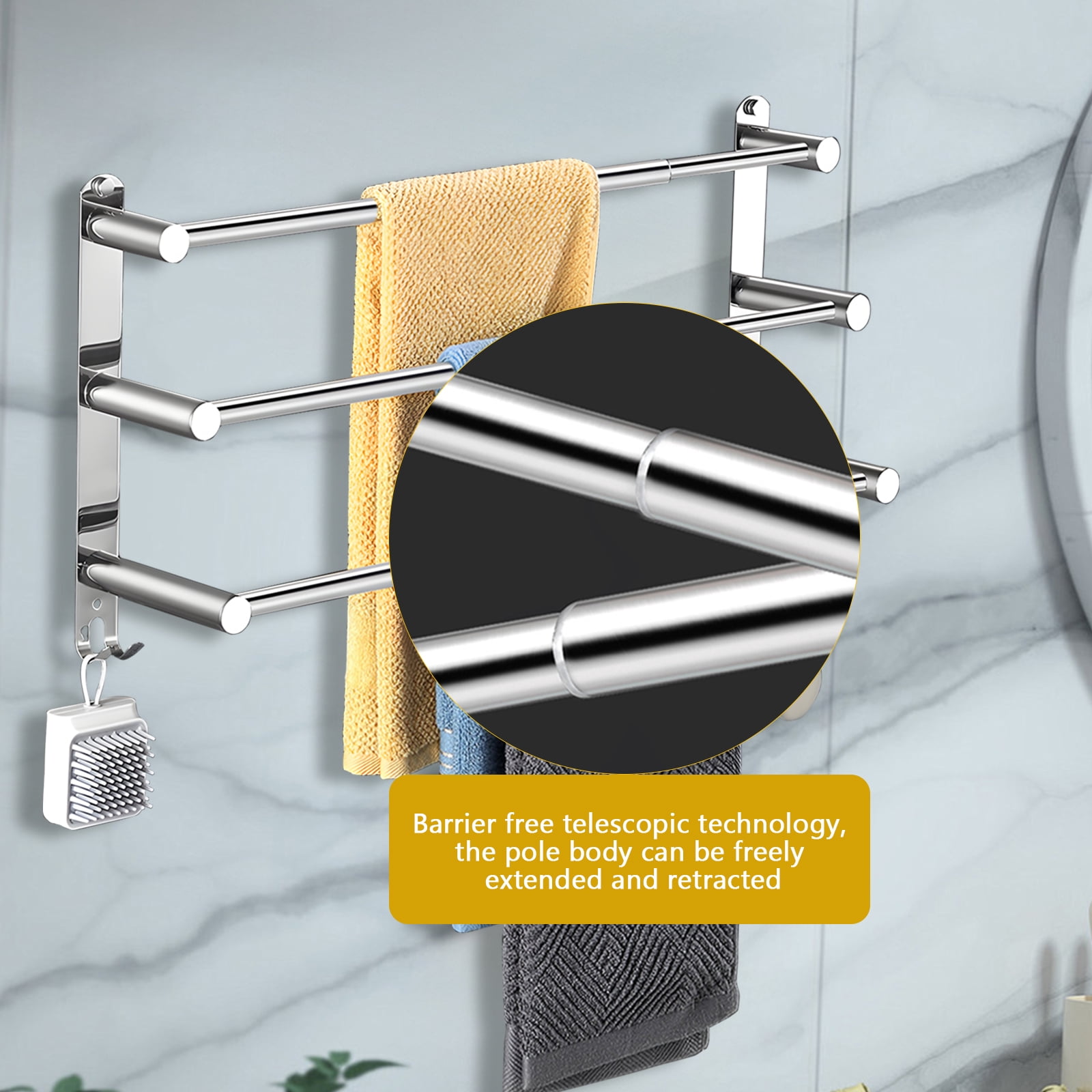16- to 30-inch Adjustable Towel Rack for The Bathroom and Kitchen, Hand Towel Holder,  SUS304 Stainless Steel, Rust-resistant Wall Mount, No Drilling Required ,Silvery