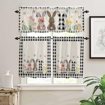 Kitchen Curtains Tiers and Valances Set Happy Easter Bunny Rabbit Flowers Spring Black Plaid Retro Farmhouse Decor Rod Pocket Short Window Curtains for Bedroom Bathroom Cafe, 3 Pieces, 24 Inch Long