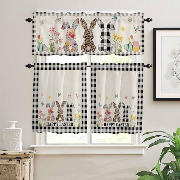Kitchen Curtains Tiers and Valances Set Happy Easter Bunny Rabbit Flowers Spring Black Plaid Retro Farmhouse Decor Rod Pocket Short Window Curtains for Bedroom Bathroom Cafe, 3 Pieces, 24 Inch Long