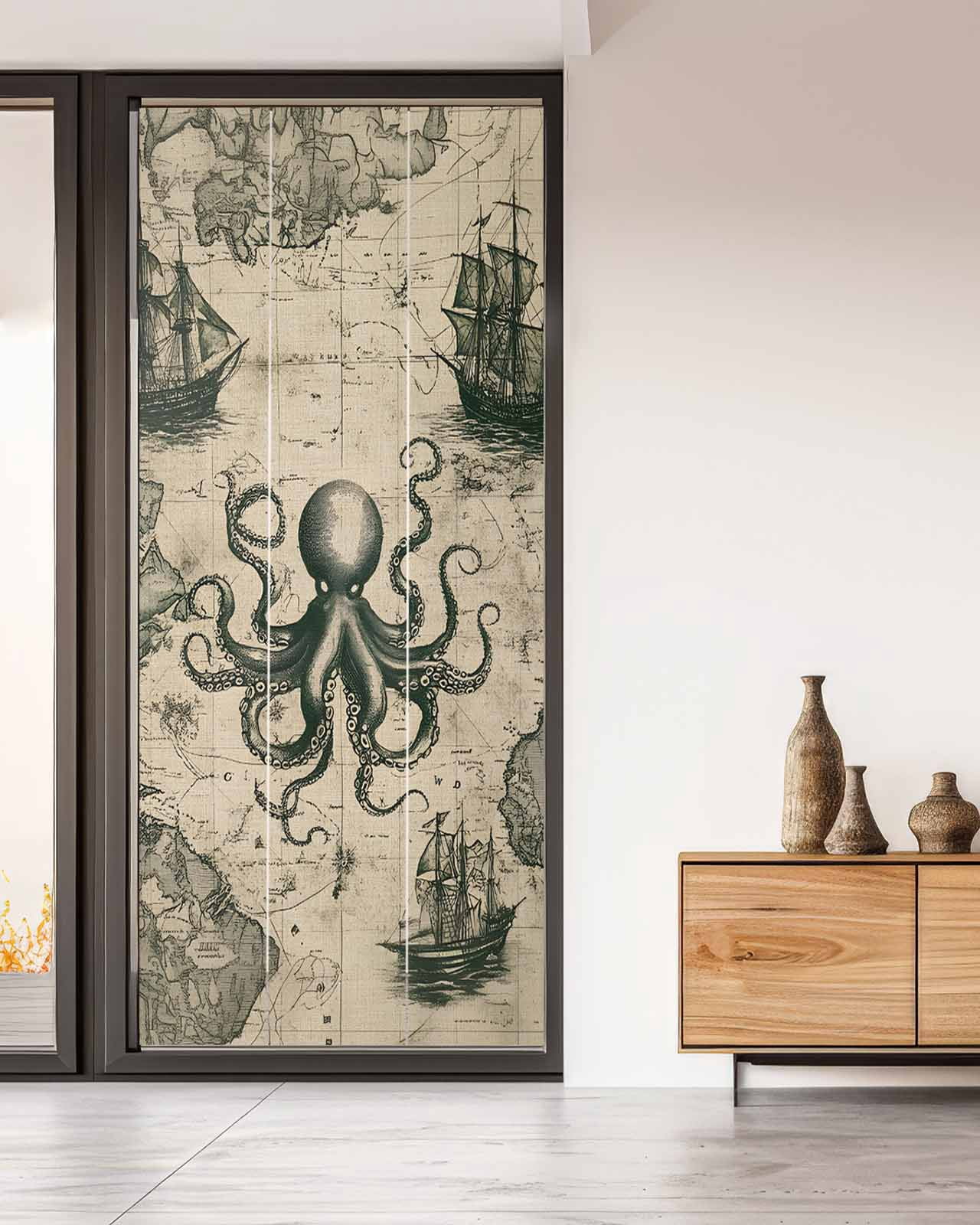 Window Privacy Film Medieval Octopus Stained Glass Window Film Decorative Sun Block Window Cover Vintage Nautical Boat Retro Map Window Clings Static Adhesive Sticker for Bathroom 35.4"x78.7"