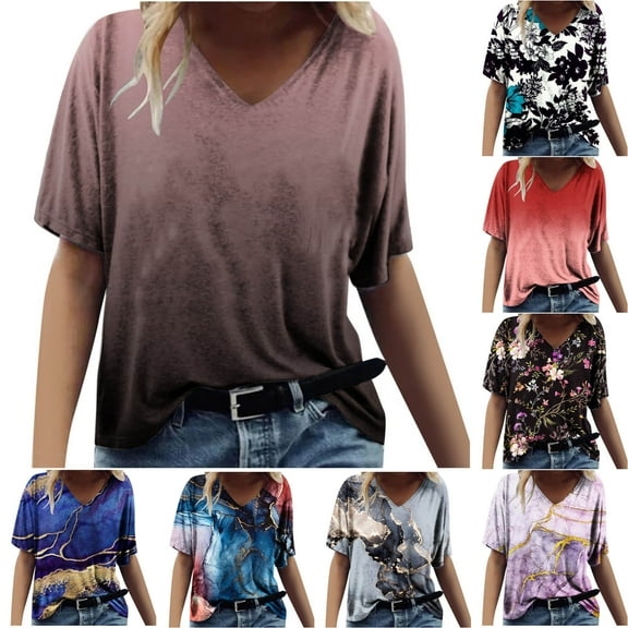 Fesfesfes Women Shirts Women's Fashion Printing Casual V-neck Short Sleeve Loose T-shirt Tops Winter Tops for Women 2XL(US:12)