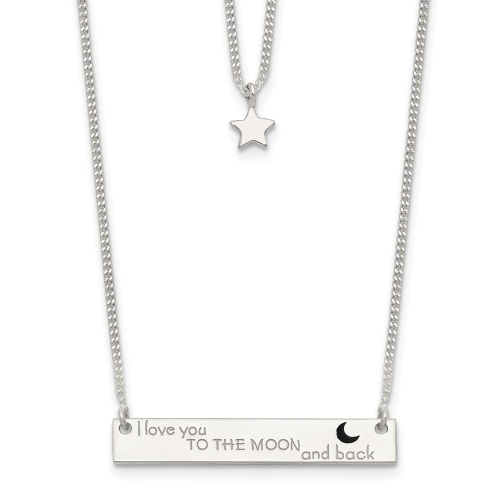 925 Sterling Silver Curb Necklace with Pendants Chain Enameled Moon and Back 2-Strand Bar 16 inch 1.1 mm