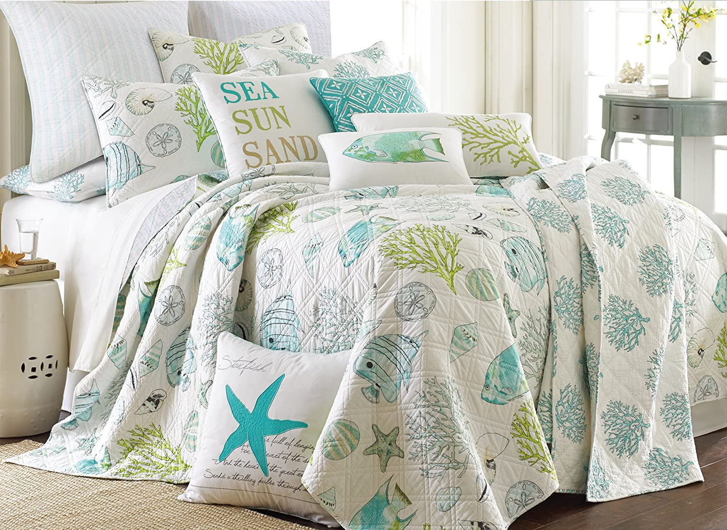 Layla Tropical Cotton 3 Pc Quilt Set-Quilted Bedspread+2 Shams-Queen or King Set 