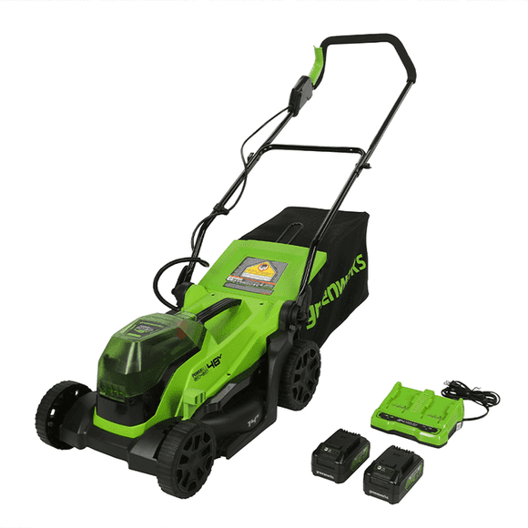 Greenworks 2 x 24V (48V) Tondeuse Sans Fil Sans Balais 14 Pouces, (2) Batteries USB 4.0Ah (Hub USB) et Chargeur Rapide Double Port Inclus