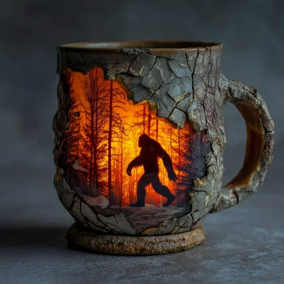 Forest Fire Glow Mug 14oz Sasquatch Themed Coffee Cup with Bark Texture, Glowing Design for Camping and Outdoor Enthusiasts, Unique Gift Idea
