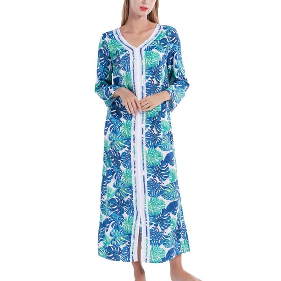 Nightgowns for Women V Neck Sleepwear Loungewear,Floral Print Comfy House Dresses Long Sleeve Sleep Dress Nightshirt Sleepwear,Full-Length Asymmetric Plus Size Pajama Dress,Green S-2XL