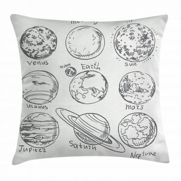 Doodle Throw Pillow Cushion Cover, Planets of Solar System Sun Mercury Earth Moon Mars Neptune Saturn Jupiter Science, Decorative Square Accent Pillow Case, 24 X 24 Inches, Black White, by Ambesonne