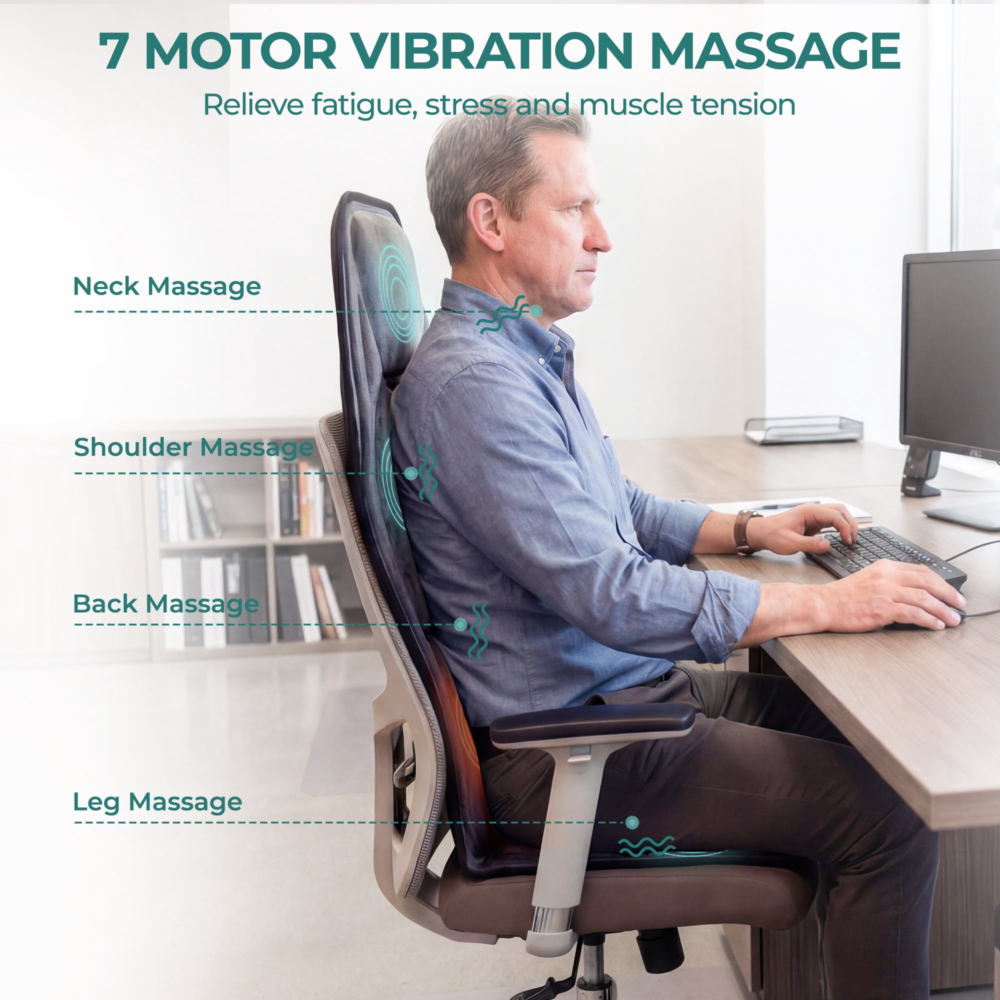 Back Massager with Heat, Massage Seat Cushion with 7 Motors, 3-Level Heat, 9 Modes & 9 Intensities, Massage Chair Pad for Home Office Car Use