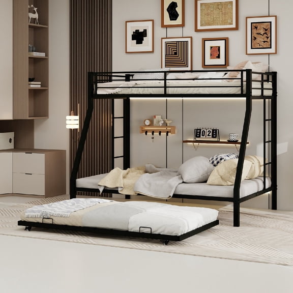 QZYeYun Metal Twin Over Full Triple Bunk Bed with Pull-Out Trundle, Black