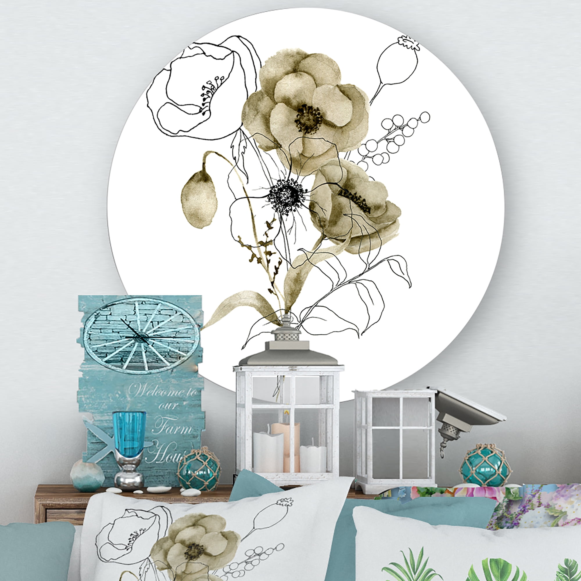 Designart 'Eucalyptus Branches With Anemone Bouquet Flower' Traditional Circle Metal Wall Art 23x23 - Disc of 23