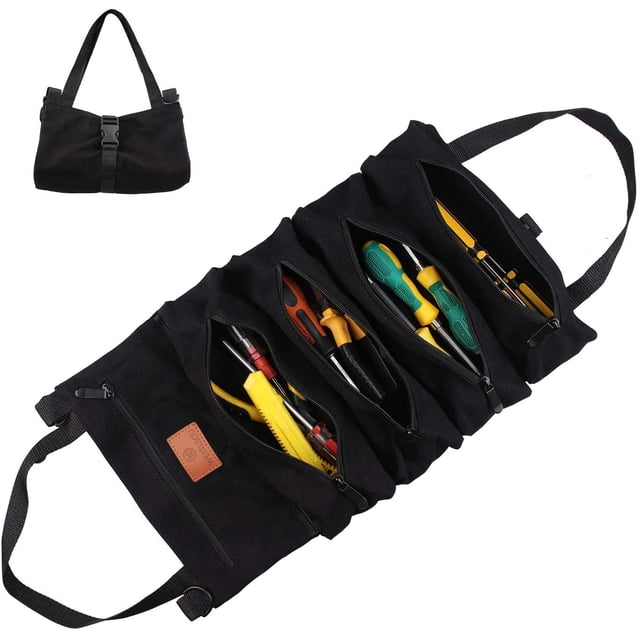 Rolling Tool Bag, Canvas Wrench Roll Pouch with 5 Zipper Pockets Tool Roll Up Organizer(Black)