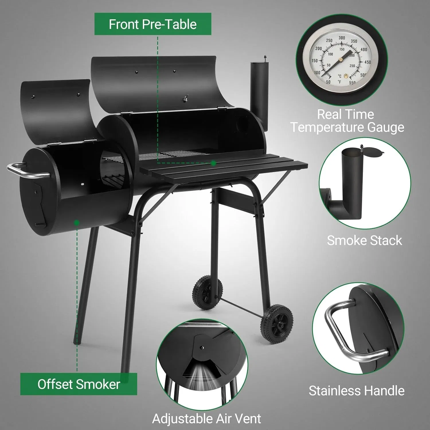 YDLW Charcoal Offset Smoker Grill - Family-Size 4-6 Person BBQ with Temperature Control & Portable Wheels