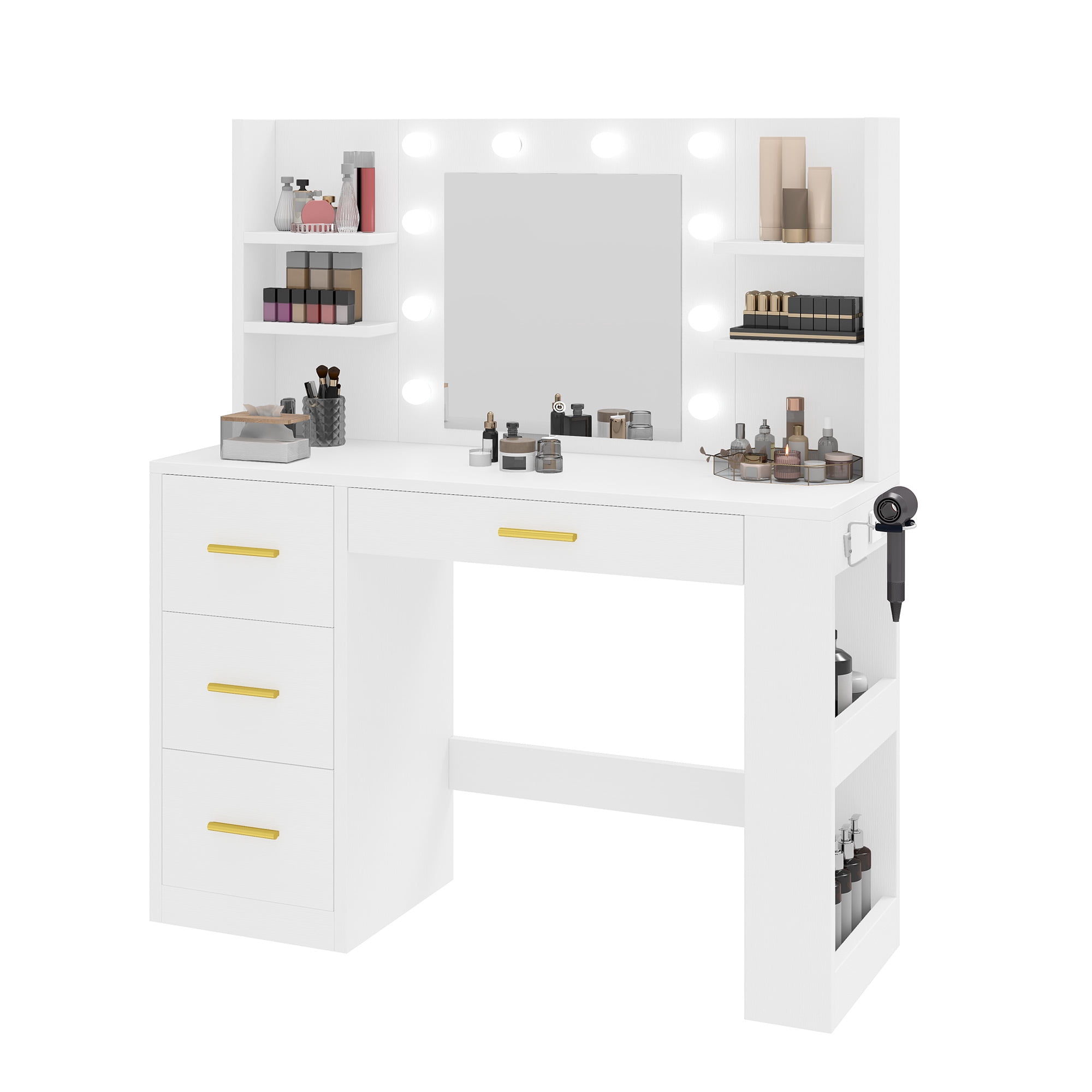 Uforic Makeup Vanity Desk with Mirror & 10 Lights, Vanity Desk with Power Outlet, 4 Drawers & 8 Storage Shelves - White