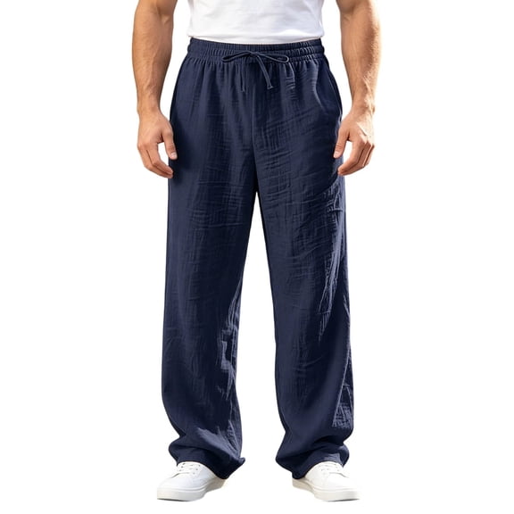 ZHOGXU Mens Long Pants Stylish Solid Color Straight Leg Elastic Waist Drawstring Breathable Lightweight Comfortable Everyday Wear