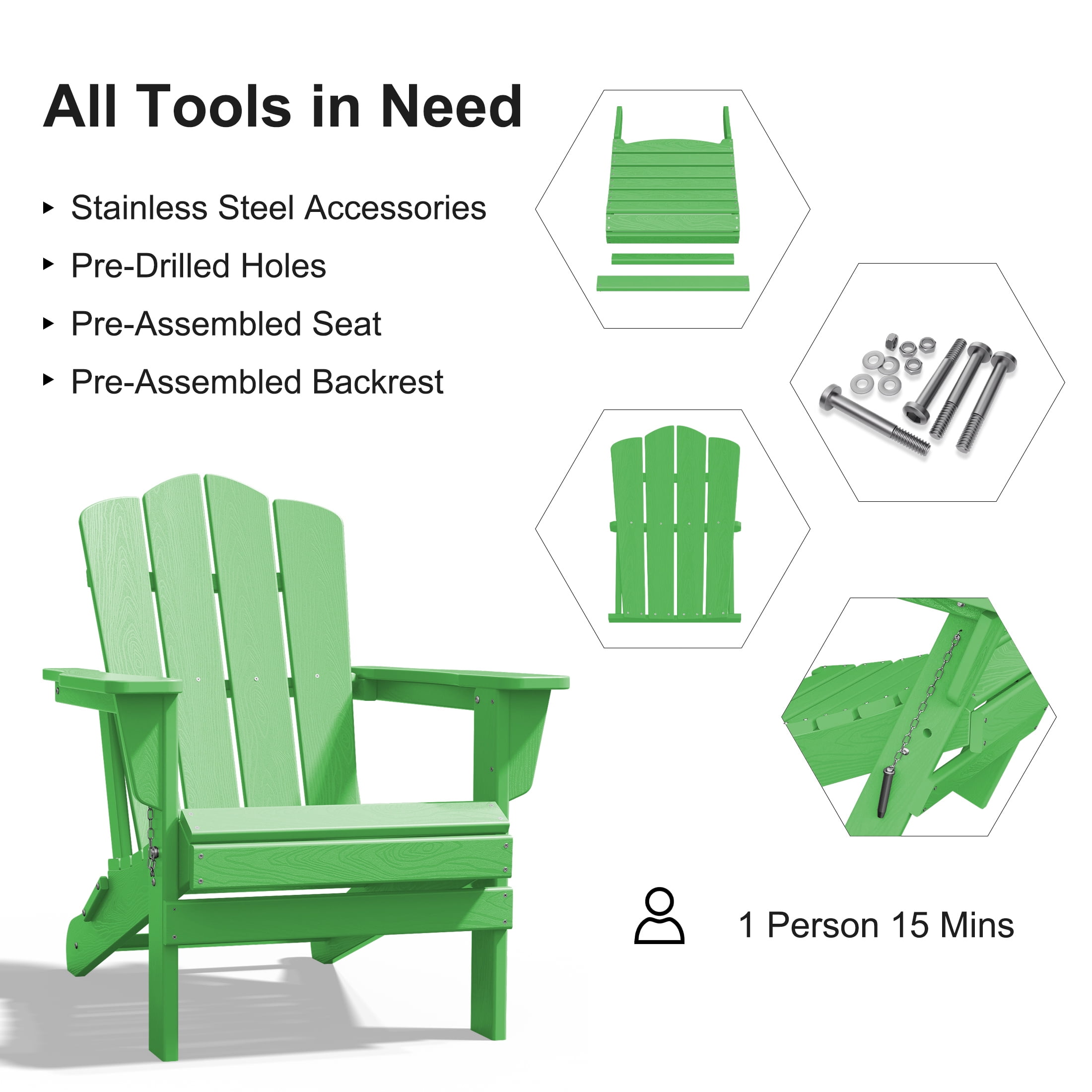 JUSTLET Adirondack Chair, Plastic Folding Outdoor Patio Chairs, Outside HDPE Chairs for Lawn, Yard, Light Green