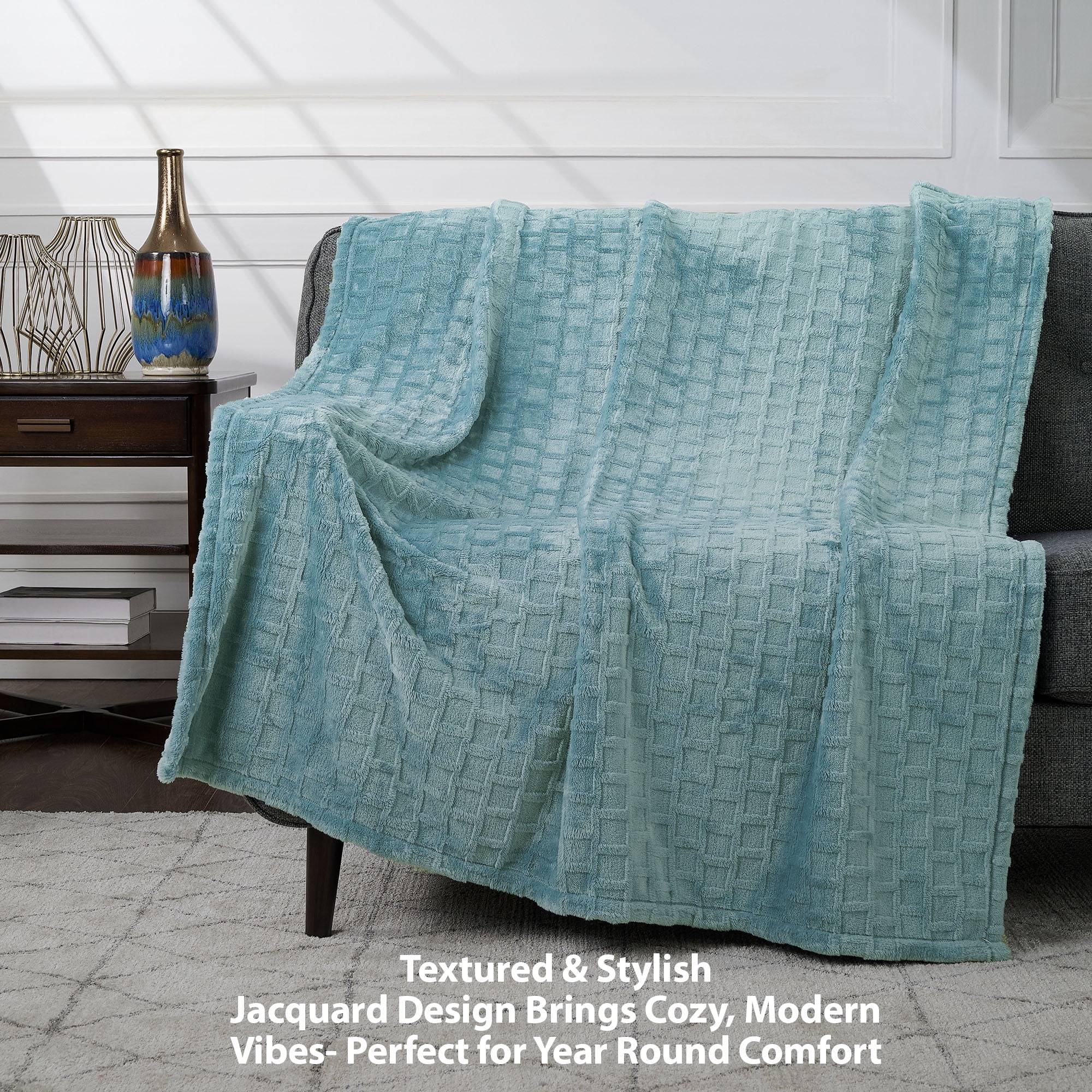 CBCHome Velvet Plush Jacquard Tile Throw Blanket for Couch - Buttery Soft, Cozy Throw, Cute Gifts for Women (Aqua, 50" x 60")