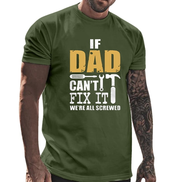 LUOGENLI T-shirts pour Homme pour Hommes Masculin Printemps et Été Fête des Pères Décontracté Rétro Lettrage Impression Partielle T-Shirt Col Rond Manche Courte Haut Vert Armée G