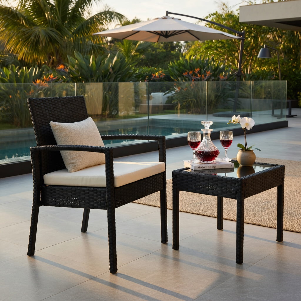 Hommoo 3-Piece Outdoor Rattan Patio Furniture Set, 2 Armchairs + Coffee Table with Cushions, Steel Frame, Weather-Resistant Wicker for Small Backyard, Garden & Balcony, Black