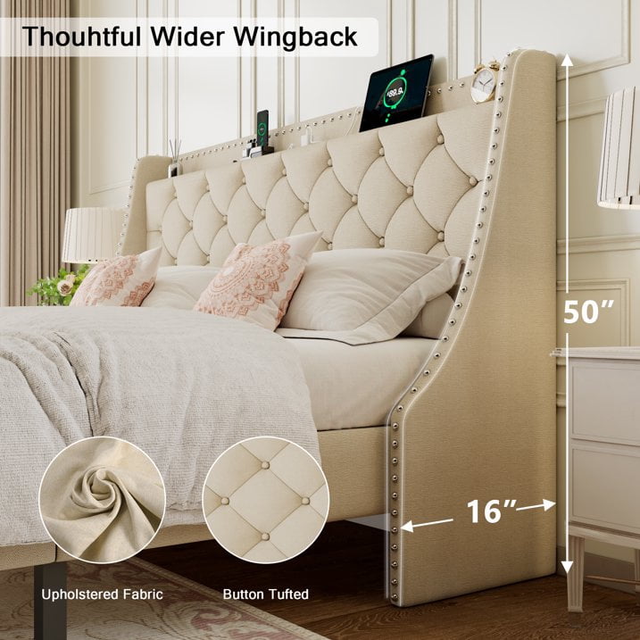 AENKYO King Size Platform Bed with Fast Charging Station, Storage Wingback Headboard, No Box Spring Needed, Beige