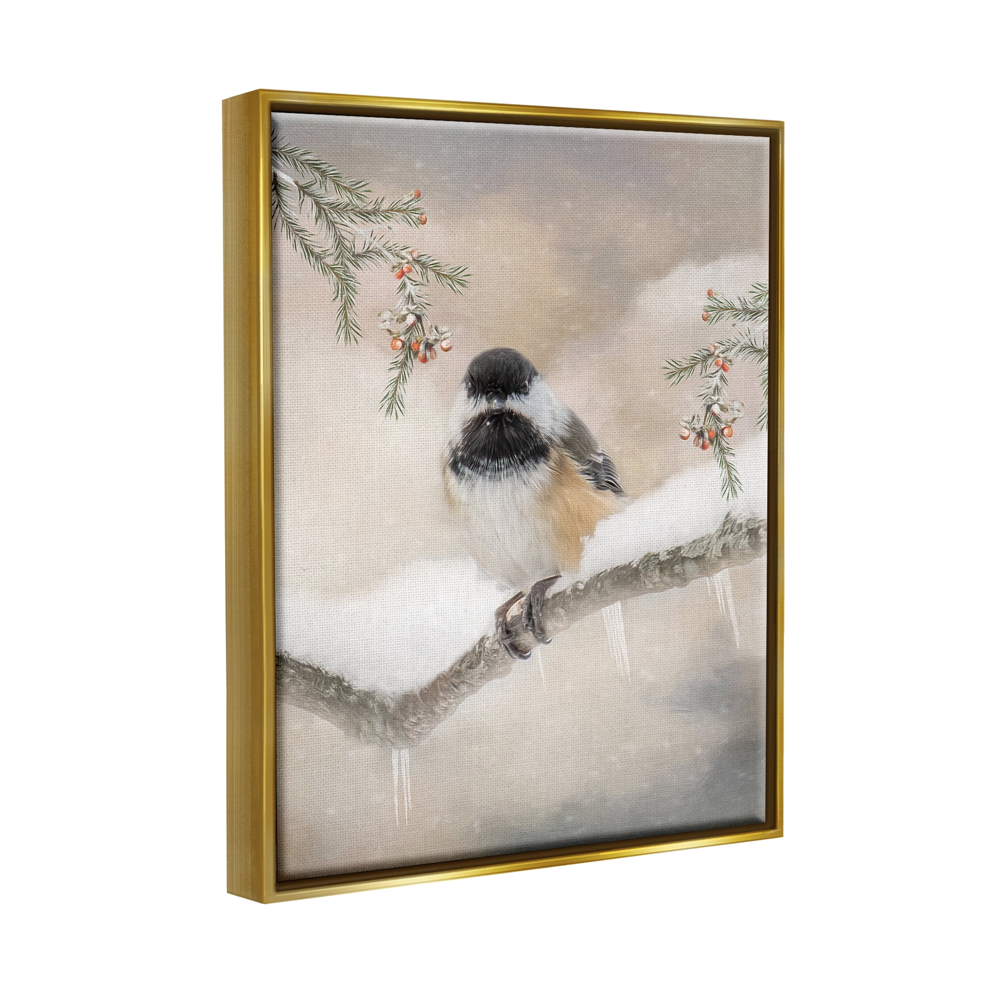 Stupell Industries Bird on Winter Branch Animals & Insects Painting Gold Floater Framed Art Print Wall Art, 17 x 21