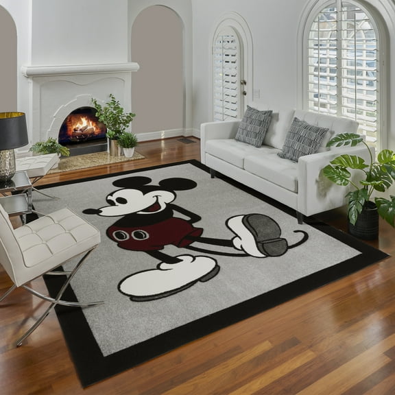 Disney Bravo Classic Pose Mickey Mouse Modern Geometric Gray Indoor Area Rug, 5x7